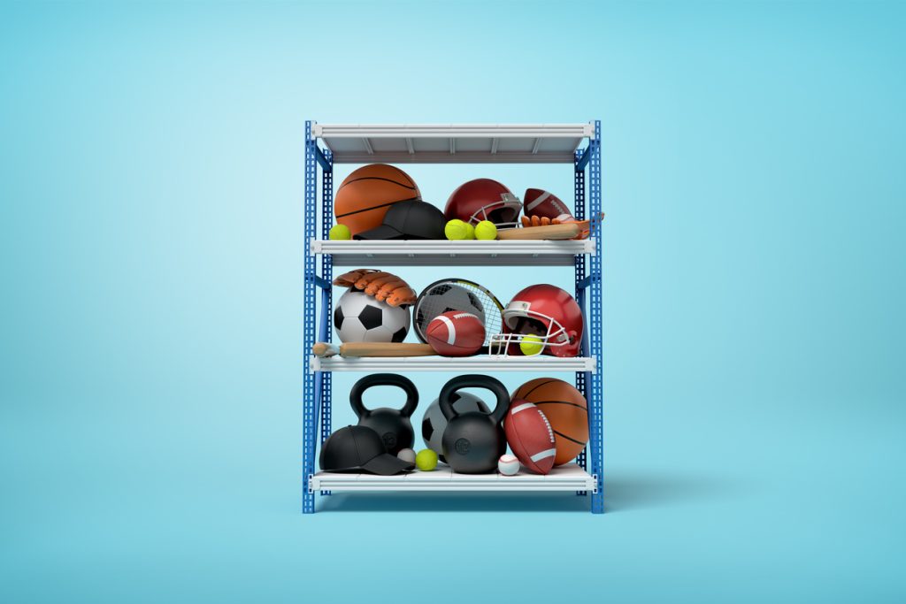 Sports equipment on storage shelves