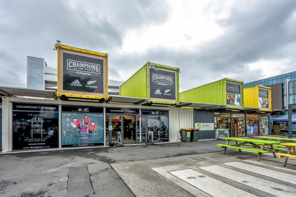 Shipping container turned into outdoor shopping centre